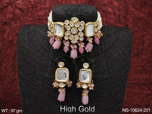 Elevate your party looks with our Kundan Jewellery High Gold Polish Fancy Style Choker Necklace Set