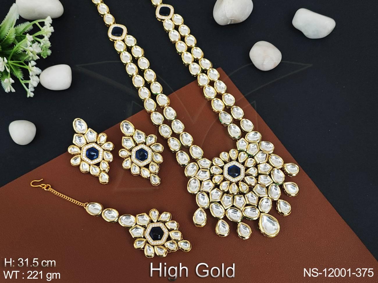 Kundan Jewelry High Gold Polish Designer Party Wear Fancy Style Long Necklace Set