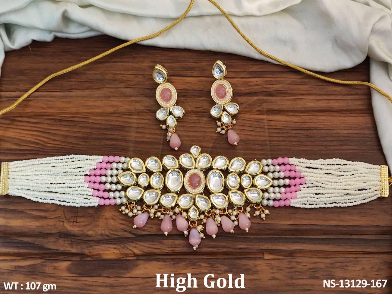 This Designer Party wear Kundan Choker Necklace Set features exquisite Kundan stones and a high gold polish,