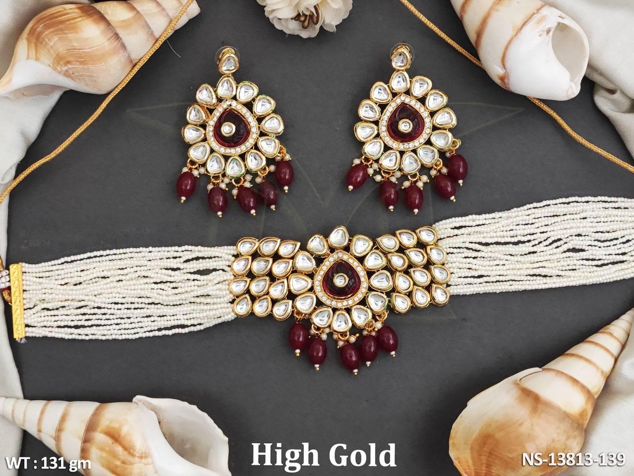 Introducing our Kundan choker necklace set, crafted with expert precision using high gold polish and Kundan stones.