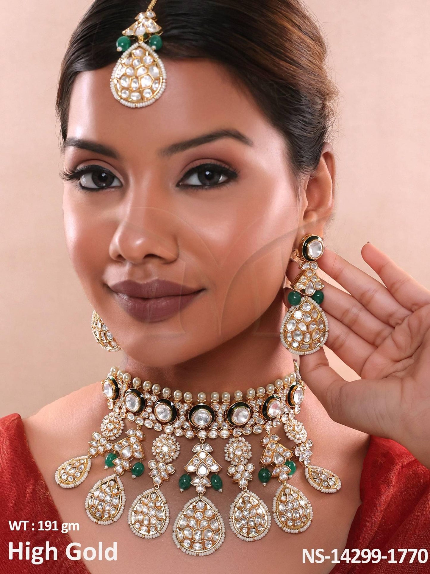 Elevate your style with our Clusterpearls Designer Wear Kundan High Gold Polish Choker Necklace Set.