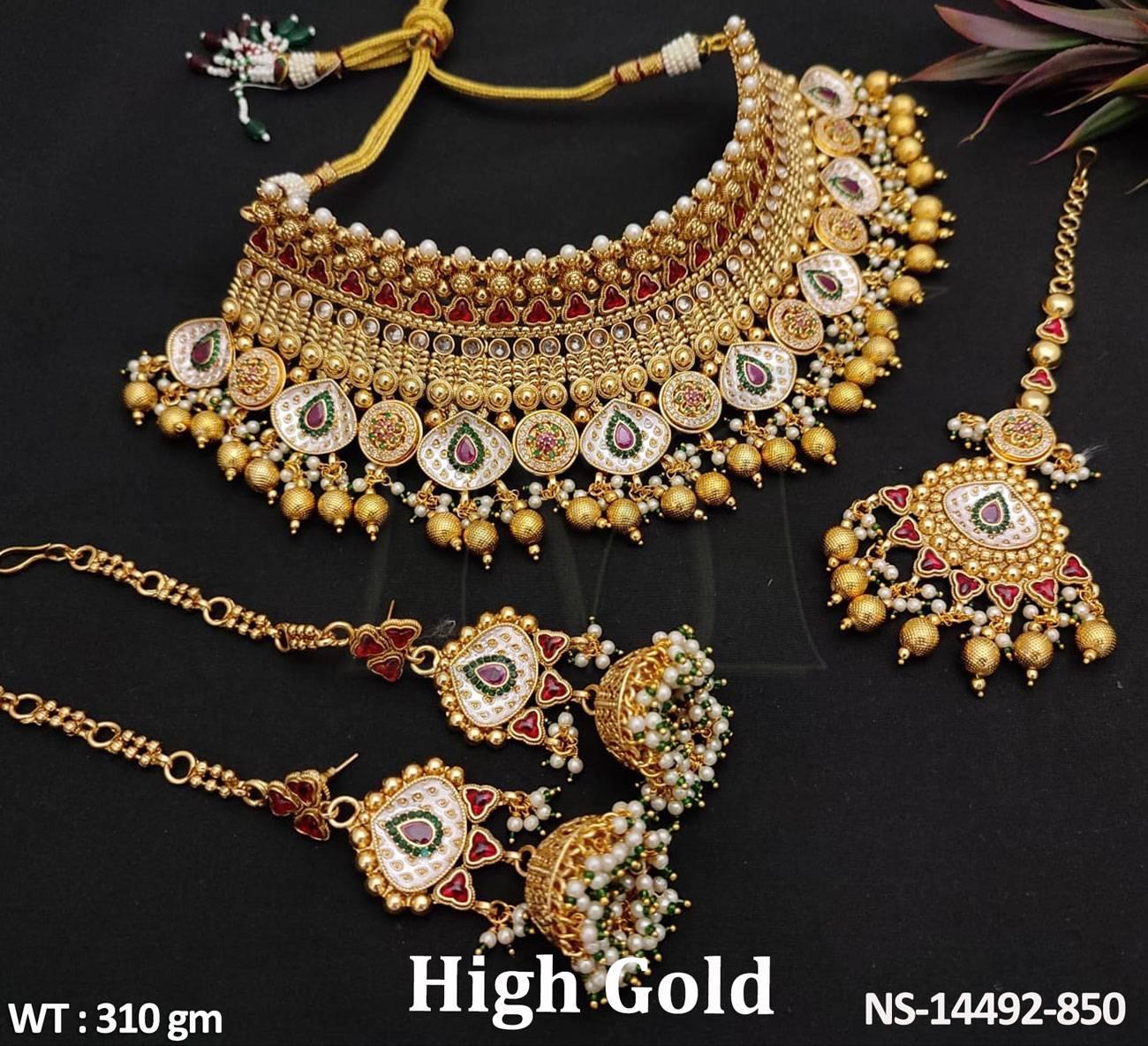 Upgrade your style with our Kundan Jewellery High Gold Polish Choker Necklace Set, perfect for any party or special occasion.