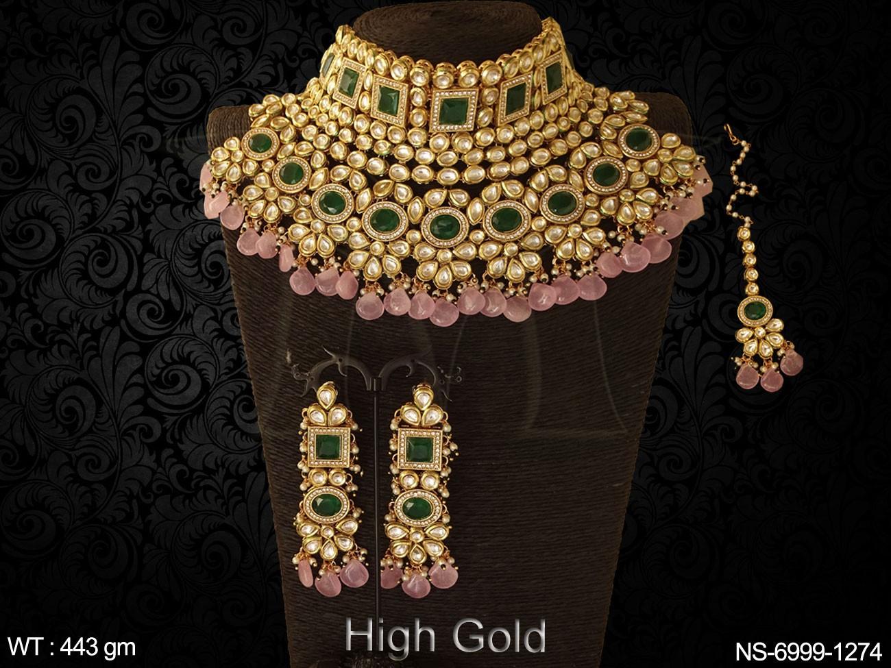Elevate any outfit with our Beautiful Designer Choker style Kundan High Gold Necklace Set.