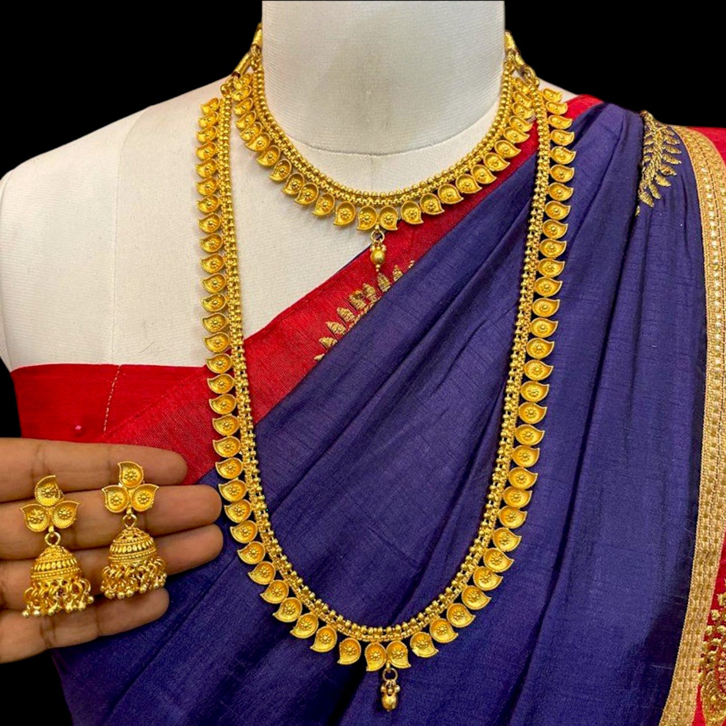 BRASS HARAM PAN SHAPE OMBO NECKLACE WITH JHUMKI
