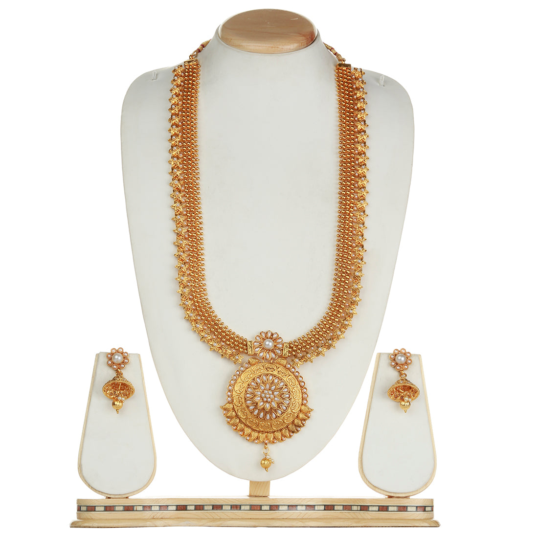 High Gold Plated Long Haram Necklace Set with Bindi Jhumki Earrings