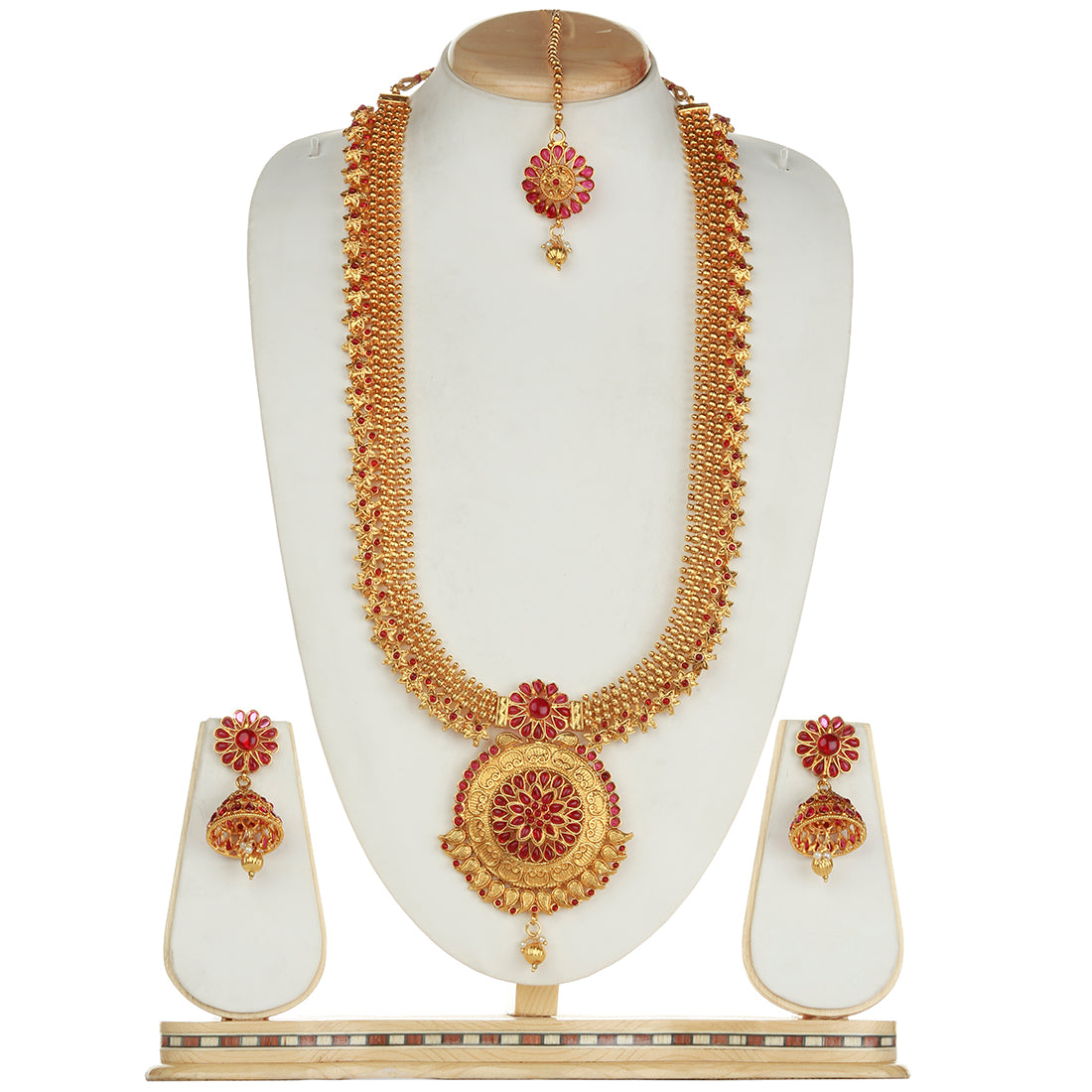 High Gold Plated Long Haram Necklace Set with Bindi Jhumki Earrings
