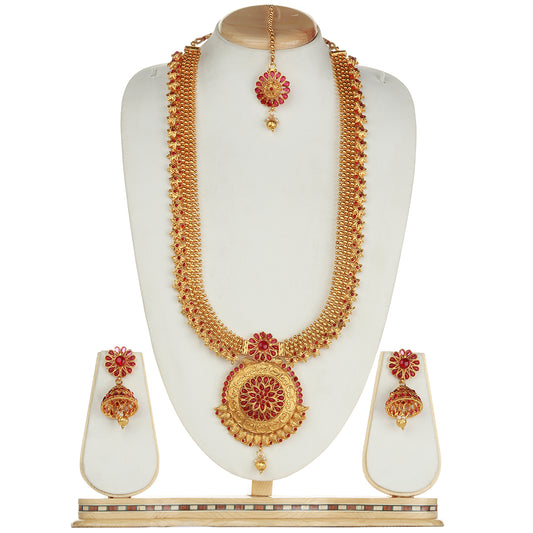 High Gold Plated Long Haram Necklace Set with Bindi Jhumki Earrings