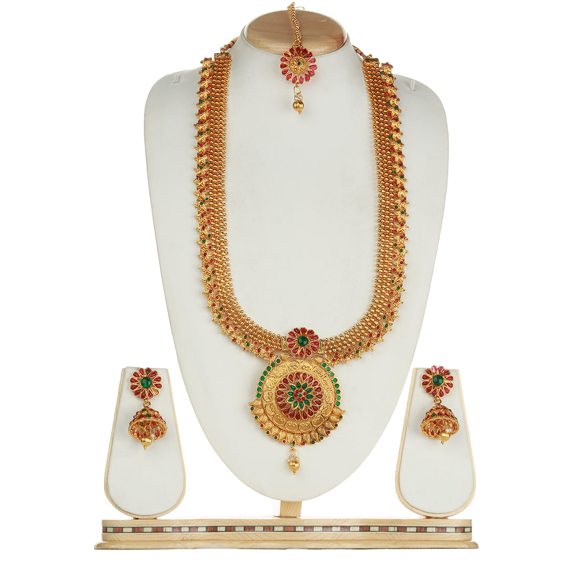 High Gold Plated Long Haram Necklace Set with Bindi Jhumki Earrings
