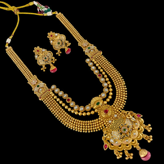 Gold Plated Kundan & Pearl Studded Rajwadi Long Necklace set