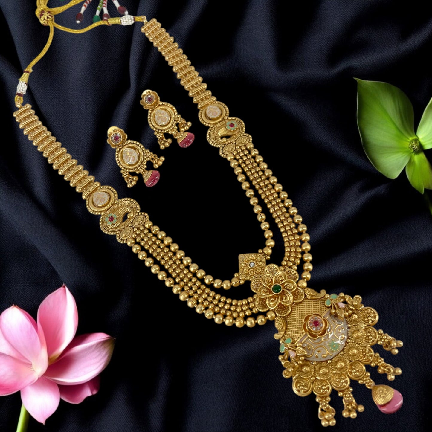 Traditional Kundan & Pearl Studded Meenakari With Rajwadi Gold Plated Long Necklace set