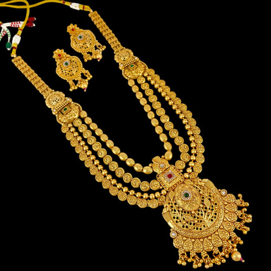 3 Layer Traditional AD Stone & Pearl Studded With Rajwadi Gold Plated Long Necklace set