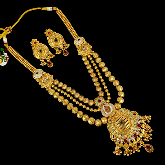 3 Layer Traditional AD Stone & Pearl Studded With Rajwadi Gold Plated with Meenakari Long Necklace set