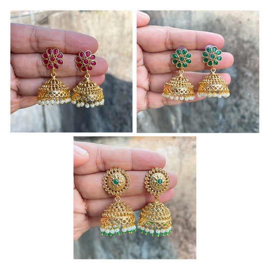 These Gold Plated Jhumki earrings come in a combo package of 3 pieces