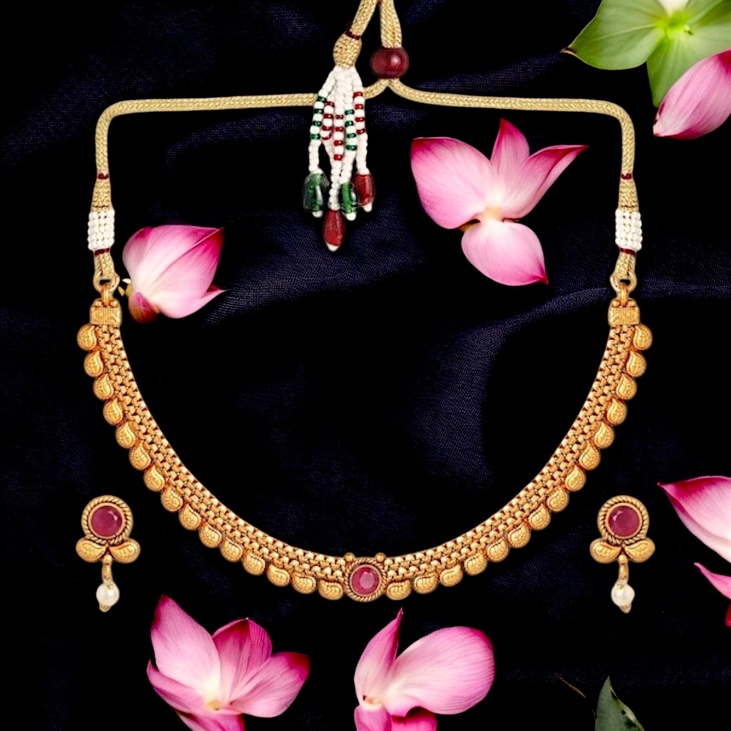 Gold-Plated White & Pink Stone-Studded Handcrafted Jewellery Set