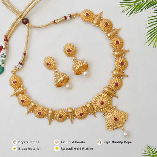 Rajwadi Gold Plated Brass Necklace Set With Jhumka earring