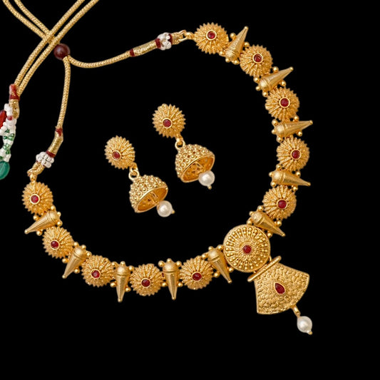 Rajwadi Gold Plated Brass Necklace Set With Jhumka earring