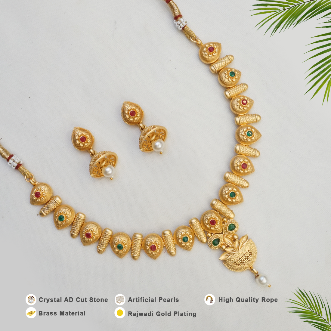 Rajwadi Gold Plated Brass Necklace Set With Jhumka earring