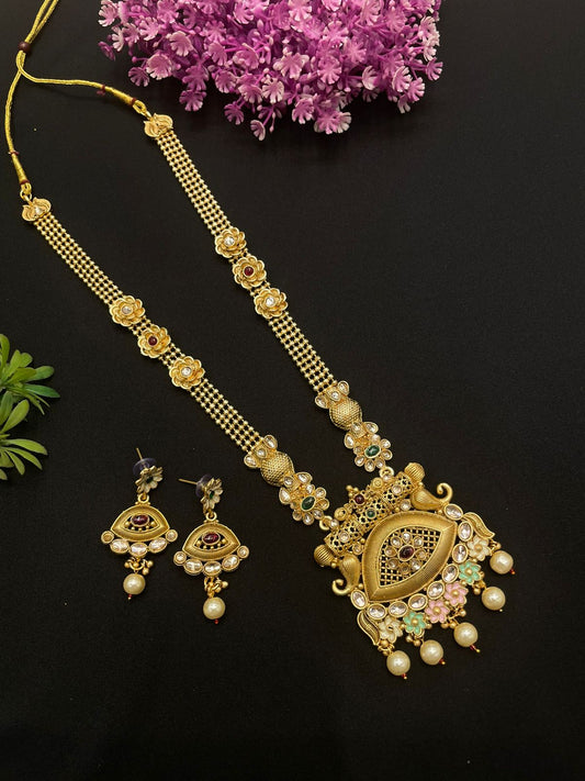 Discover the beauty of traditional Rajwadi jewelry with our Antique Handpainted Meenakari Long Necklace Set