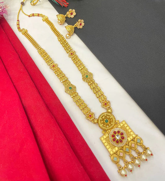 Enhance your outfit with our exquisite Rajwadi Gold Plated Long Necklace Set