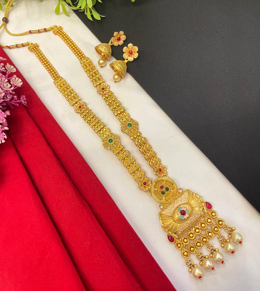 Elevate your style with our Rajwadi Gold Plated Long Necklace Set