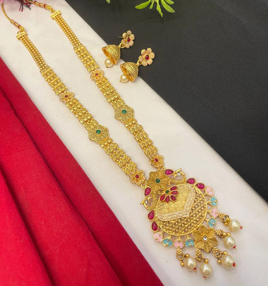 Enhance your fashion with our Rajwadi Gold Plated Long meenakari Necklace Set