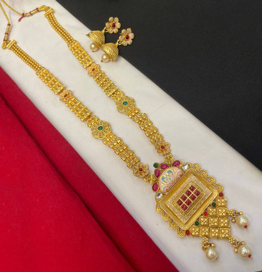 Transform your style with our Rajwadi Gold Plated Long Meenakari Necklace Set.