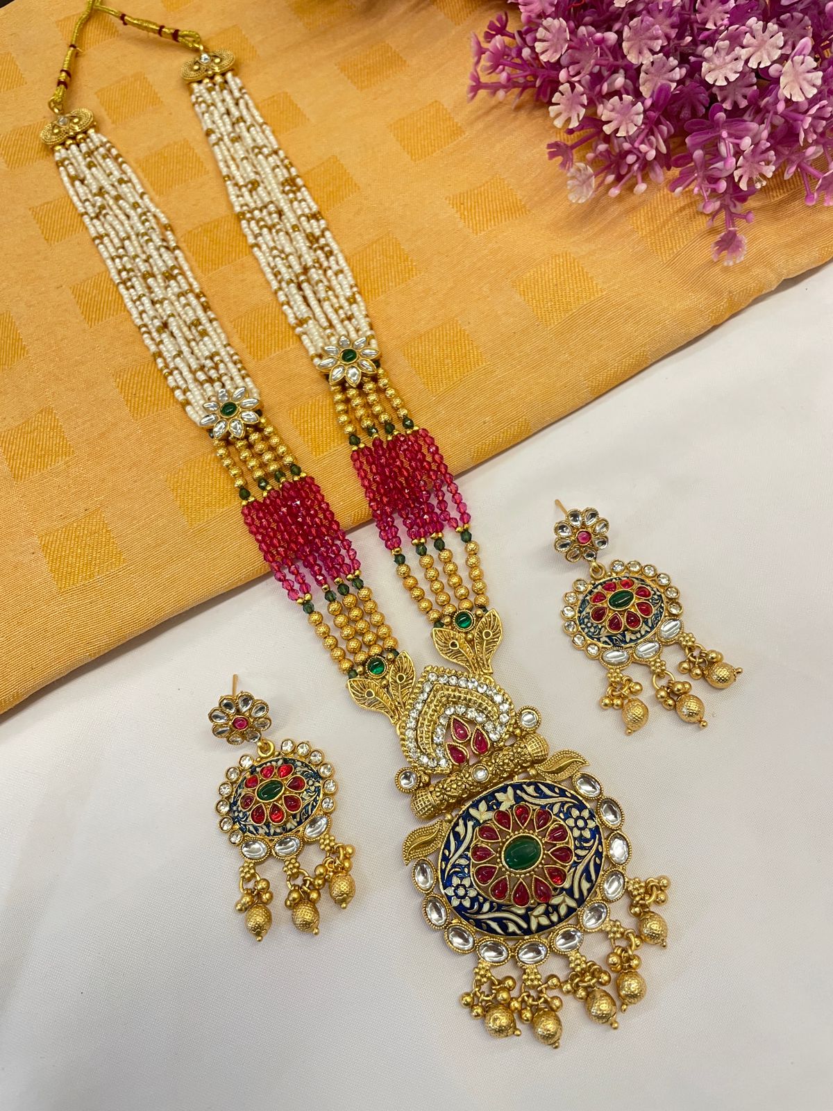 Rajwadi Gold Polish Moti Mala with Meenakari Long Necklace Set