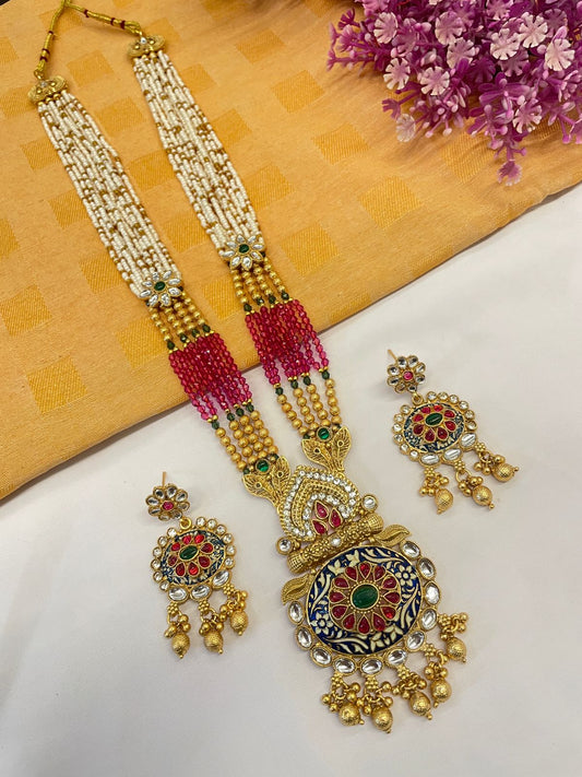 Rajwadi Gold Polish Moti Mala with Meenakari Long Necklace Set