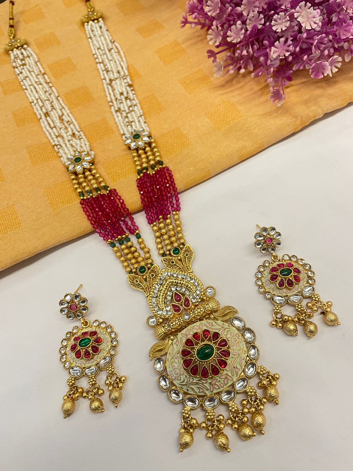 Rajwadi Gold Polish Moti Mala with Meenakari Long Necklace Set