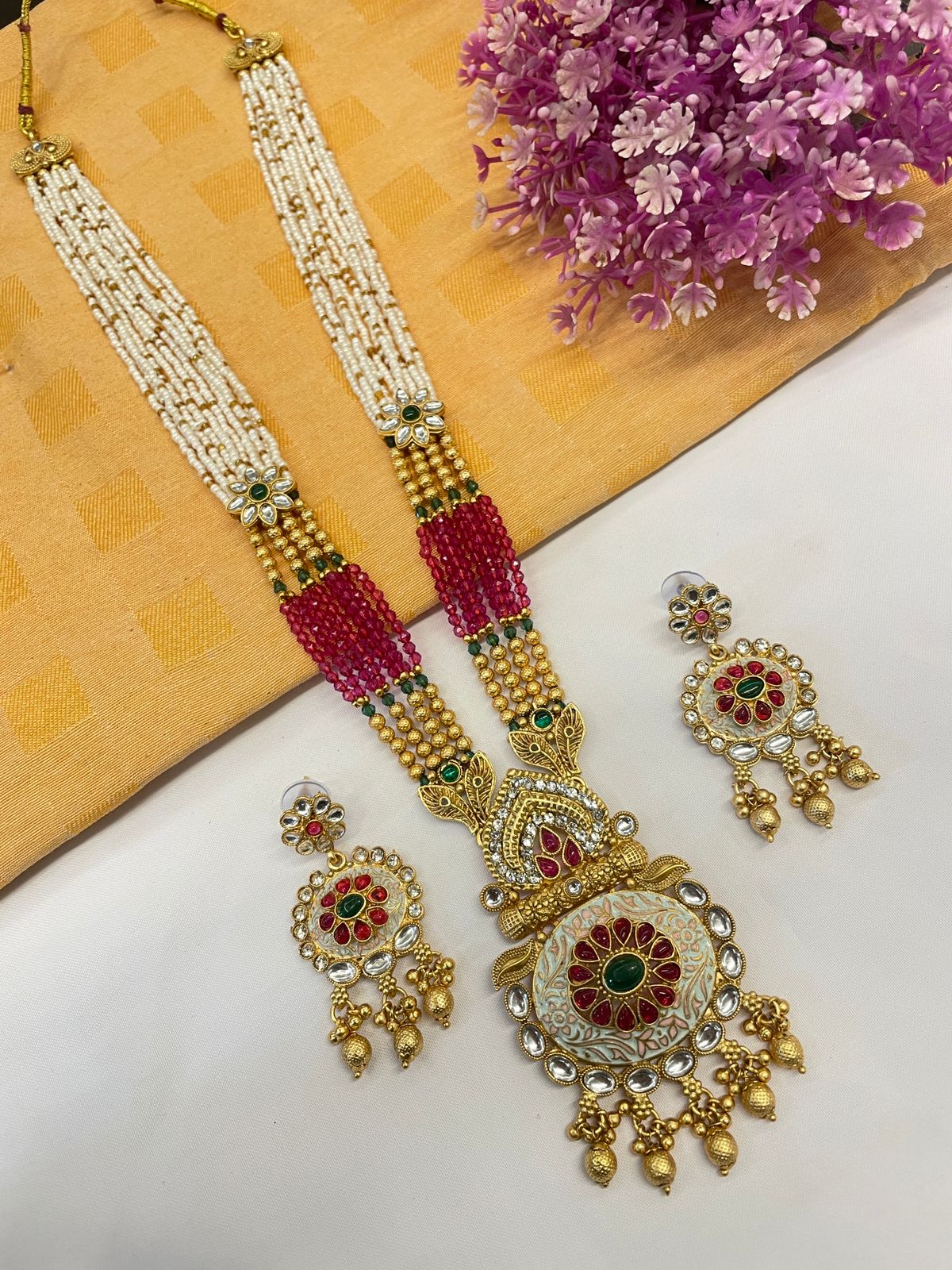 Rajwadi Gold Polish Moti Mala with Meenakari Long Necklace Set