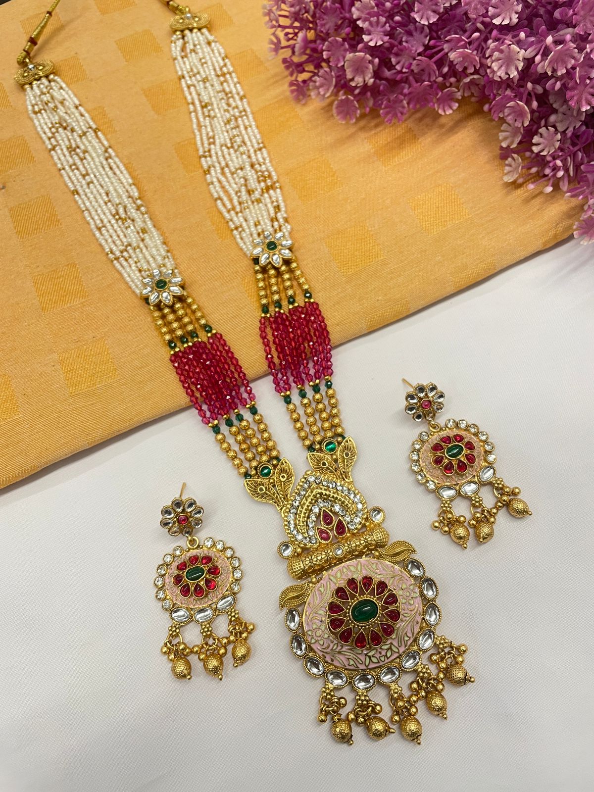 Rajwadi Gold Polish Moti Mala with Meenakari Long Necklace Set