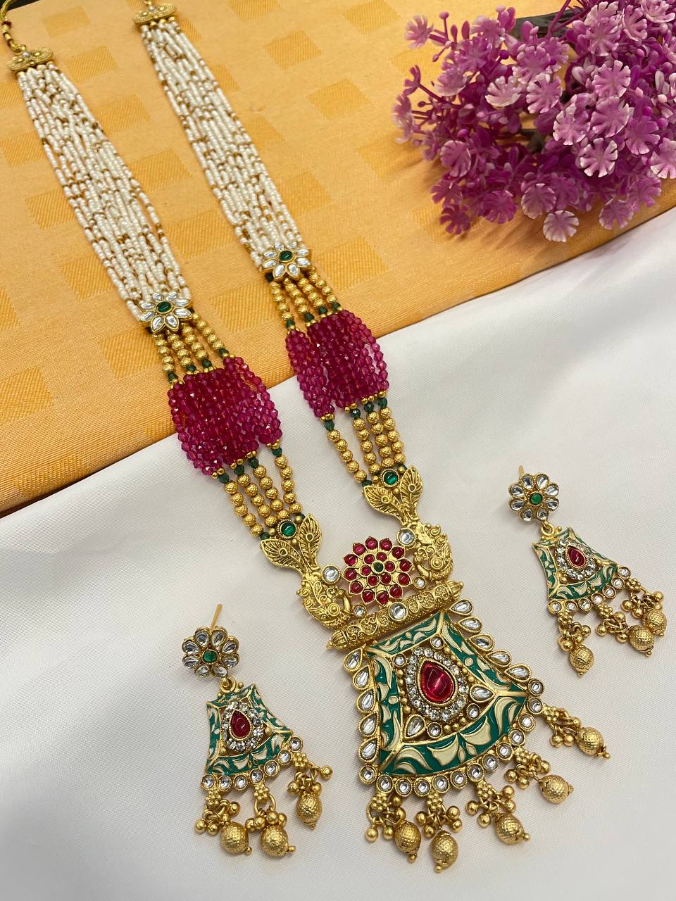 Rajwadi Gold Polish Moti Mala with Meenakari Long Necklace Set