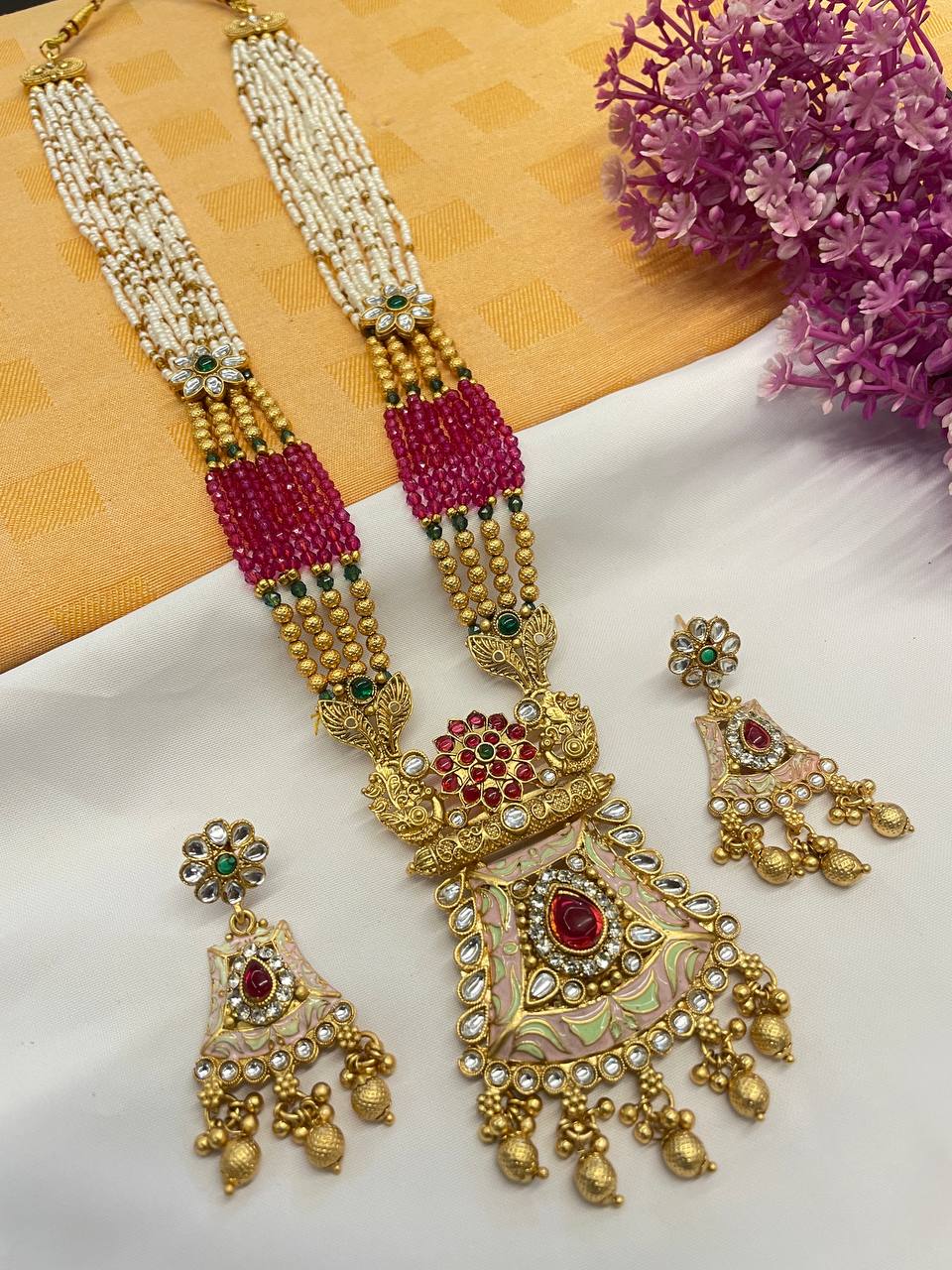 Rajwadi Gold Polish Moti Mala with Meenakari Long Necklace Set