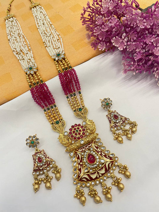 Rajwadi Gold Polish Moti Mala with Meenakari Long Necklace Set