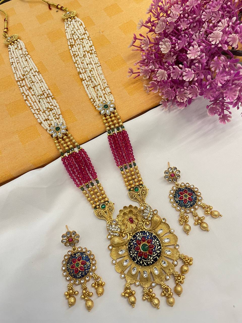 Rajwadi Gold Polish Moti Mala with Meenakari Long Necklace Set