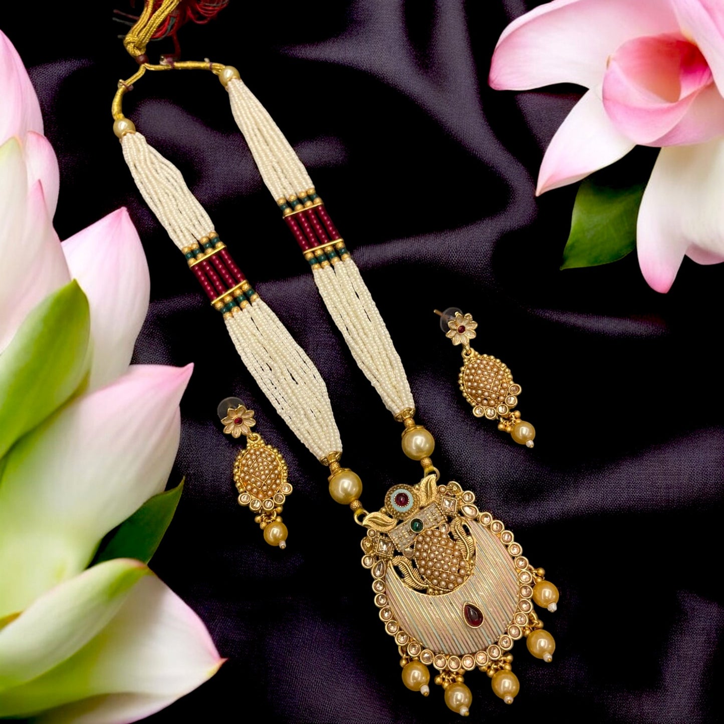 Rajwadi Moti Mala Long Necklace Set