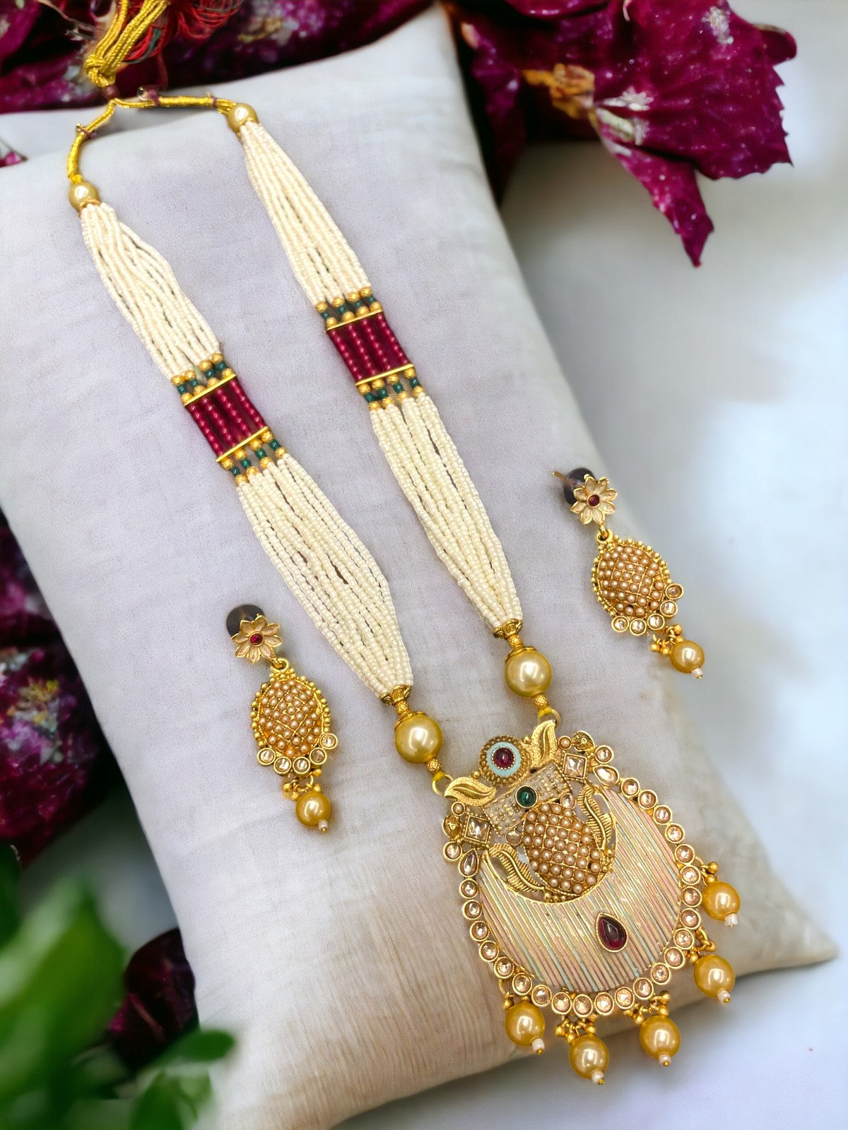 Rajwadi Moti Mala Long Necklace Set