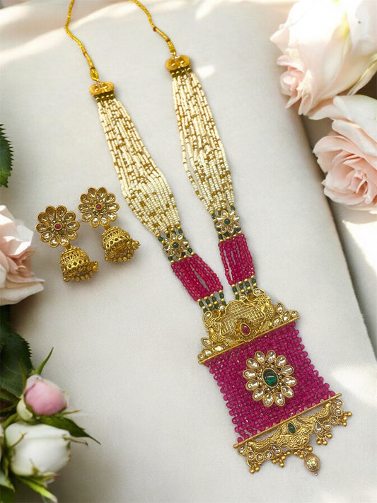 Antique Rajwadi Gold Crystal Chatai Work Long Necklace Set with Earrings