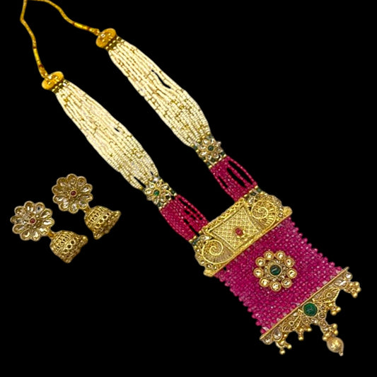 Antique Rajwadi Gold Pink Crystal Chatai Work Long Necklace Set with Earrings