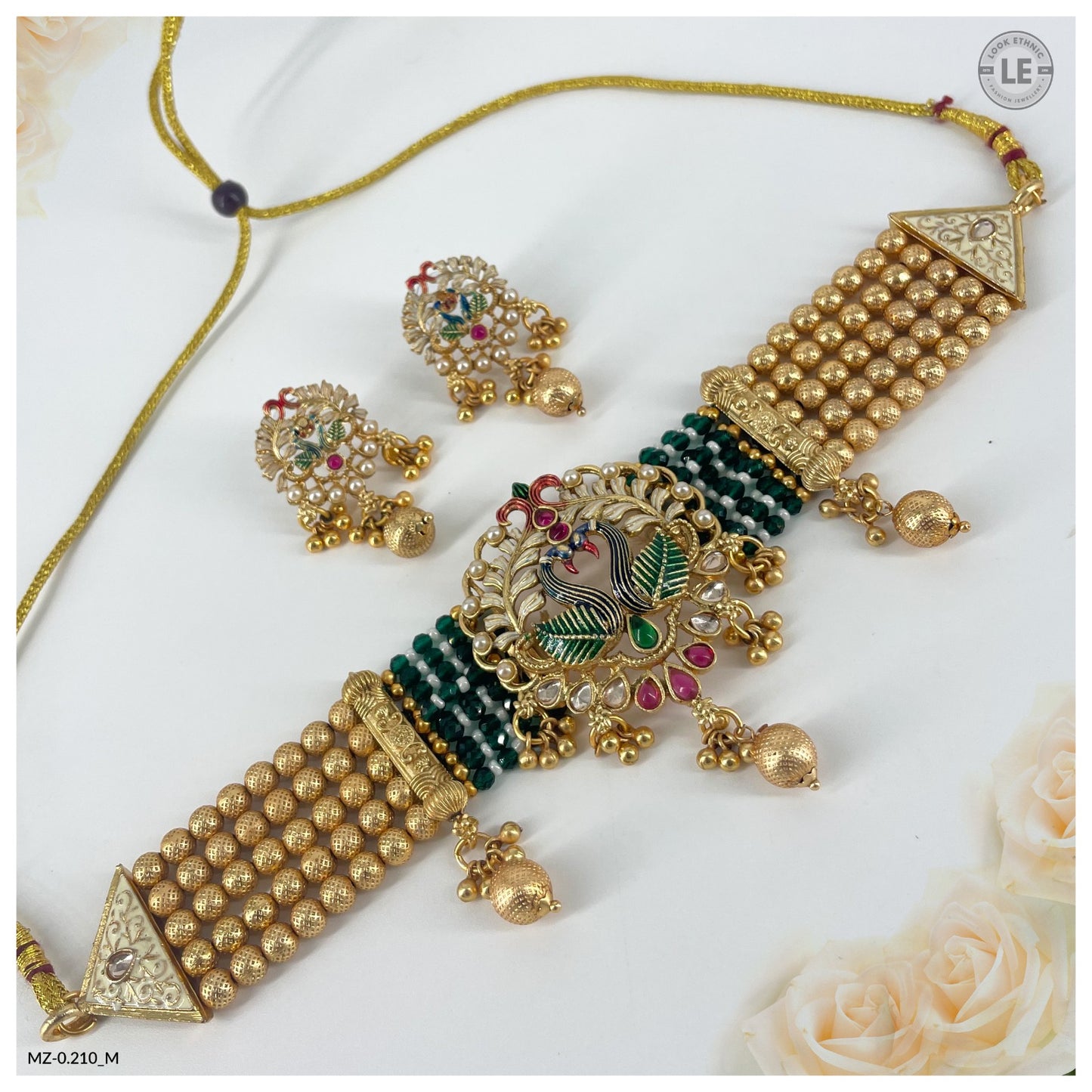Traditional Royal Gold-Toned Pearl-Encrusted Meenakari Peacock Motif Choker Jewelry Set for Women
