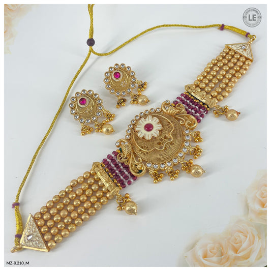 Indian Rajwadi Gold Plated Pearl Beaded Peacock Style Choker Necklace Set for Women