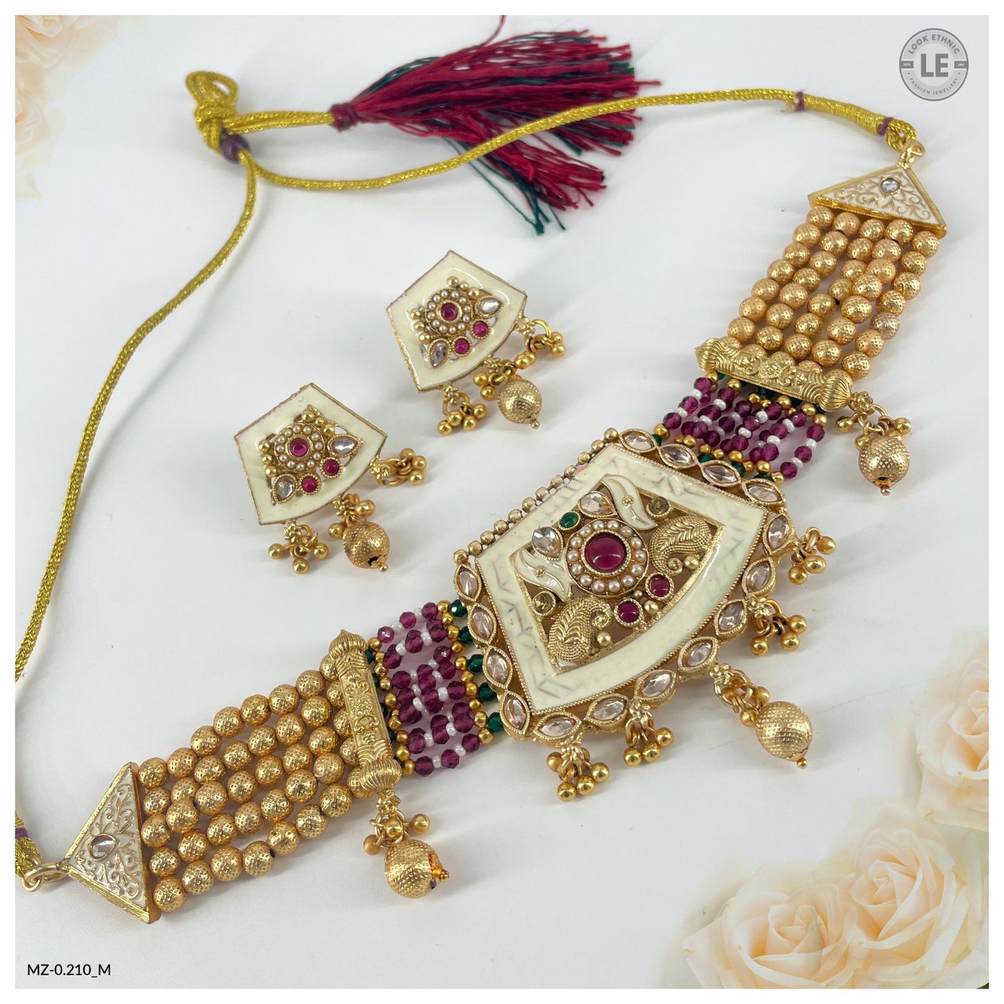 Indian Rajwadi Gold Plated Pearl Beaded Meena Work Peacock Style Choker Necklace Set for Women