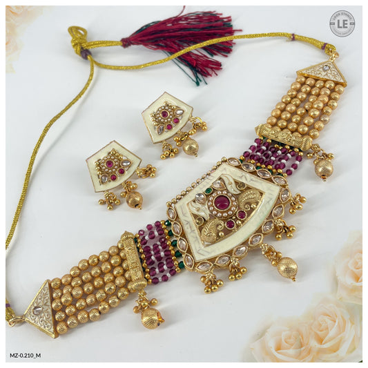 Indian Rajwadi Gold Plated Pearl Beaded Meena Work Peacock Style Choker Necklace Set for Women