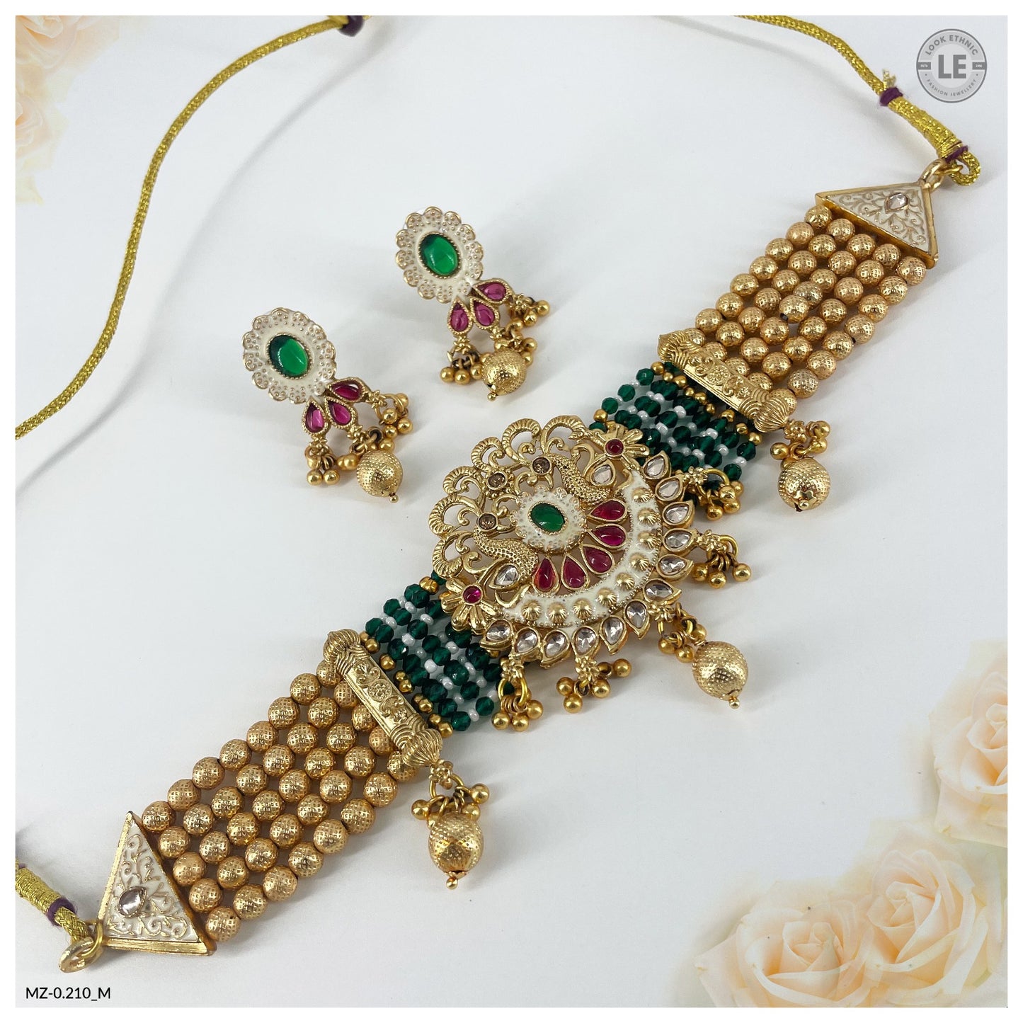 Traditional Royal Gold-Toned Pearl-Encrusted Meenakari Peacock Motif Choker Jewelry Set for Ladies