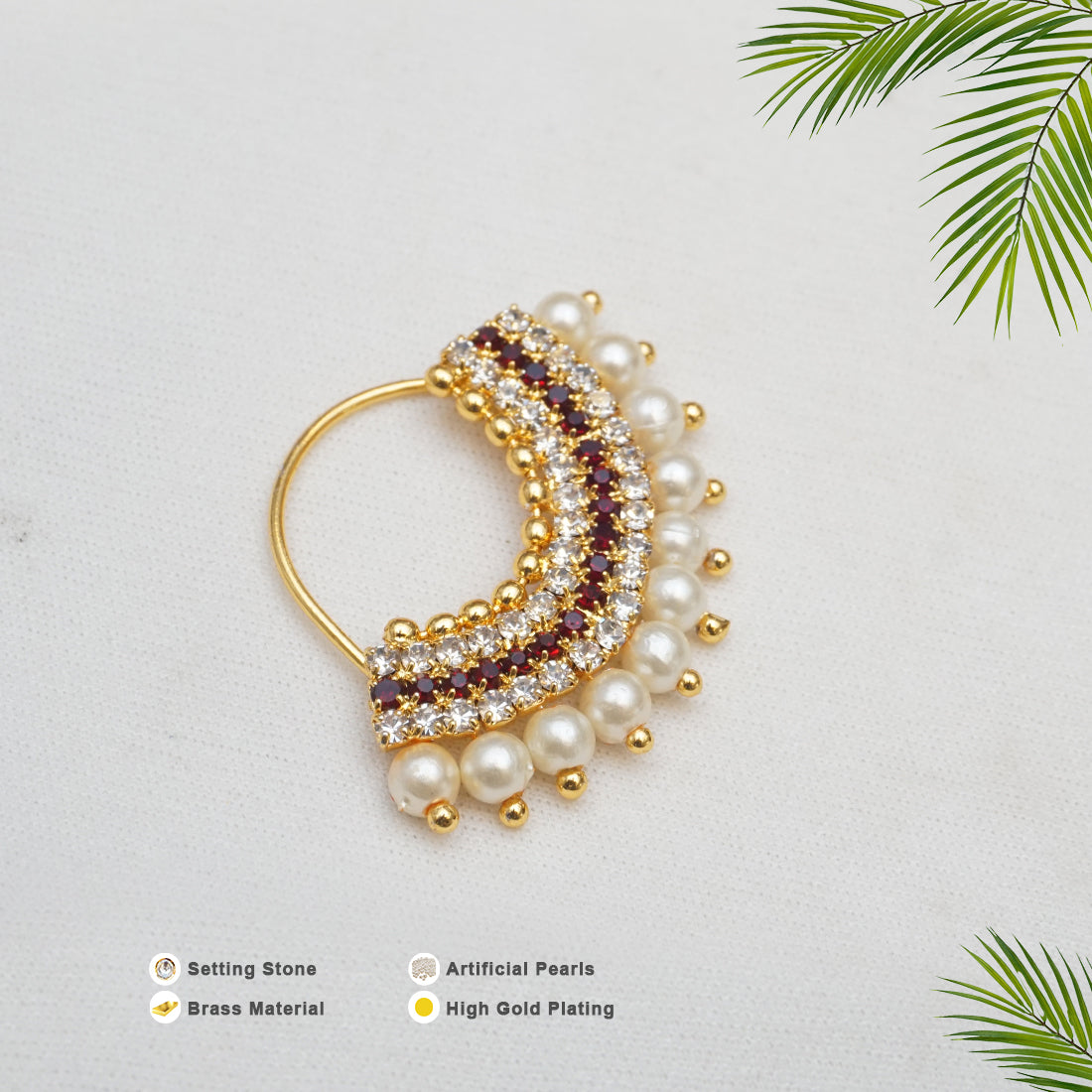 Maroon Colour Setting Stone Gold Plated Nath Design