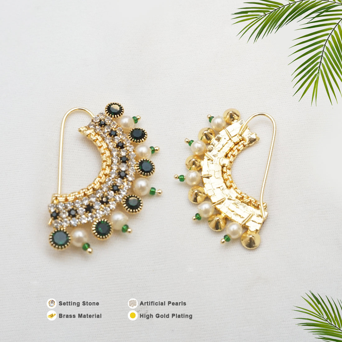 Green Colour Setting Stone Gold Plated Nath Design