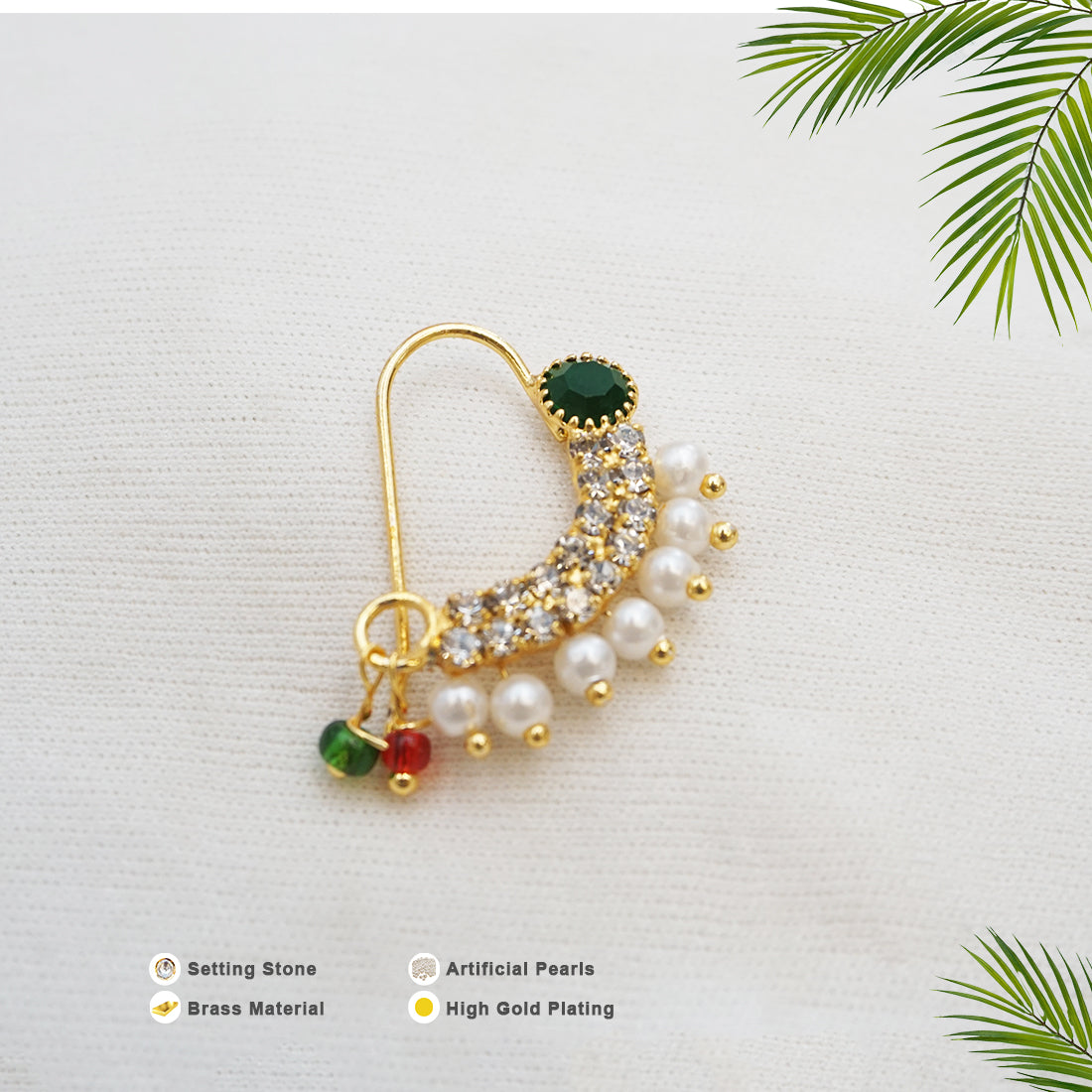 Green Colour Setting Stone Gold Plated Nath Design