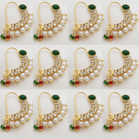 12 pieces Combo Moti With Setting Green Stone Hook Nath Set