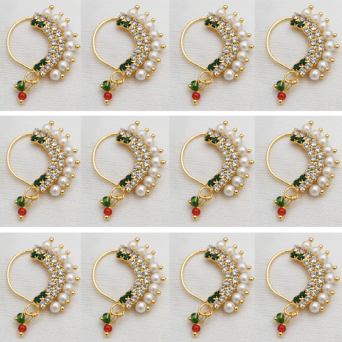 Elevate your traditional Indian attire with our expertly crafted Green Small Gold Plated combo 12 piece Nath.