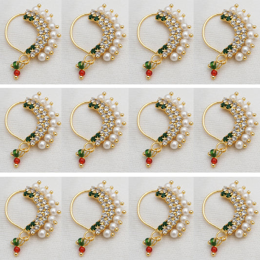 Elevate your traditional Indian attire with our expertly crafted Green Small Gold Plated combo 12 piece Nath.